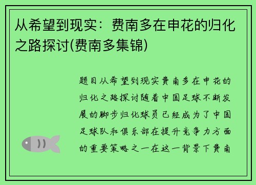从希望到现实：费南多在申花的归化之路探讨(费南多集锦)