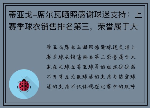 蒂亚戈-席尔瓦晒照感谢球迷支持：上赛季球衣销售排名第三，荣誉属于大家
