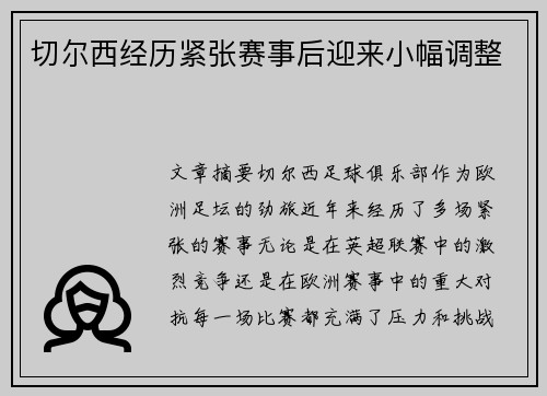 切尔西经历紧张赛事后迎来小幅调整