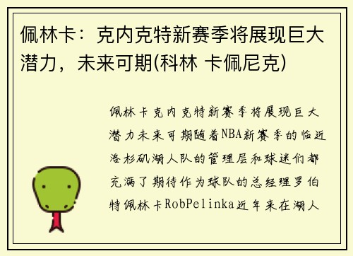 佩林卡：克内克特新赛季将展现巨大潜力，未来可期(科林 卡佩尼克)