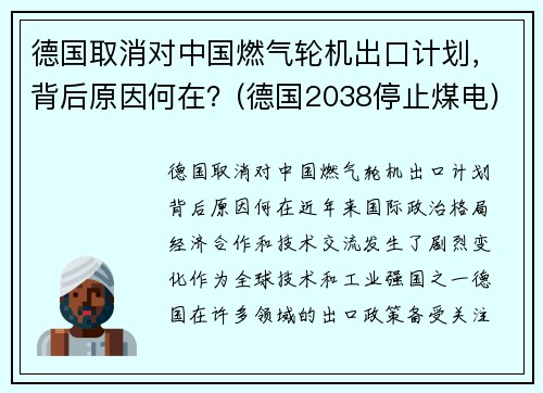 德国取消对中国燃气轮机出口计划，背后原因何在？(德国2038停止煤电)