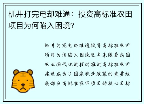 机井打完电却难通：投资高标准农田项目为何陷入困境？