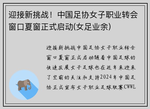 迎接新挑战！中国足协女子职业转会窗口夏窗正式启动(女足业余)