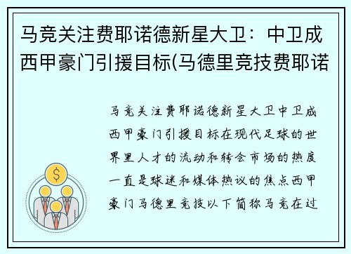 马竞关注费耶诺德新星大卫：中卫成西甲豪门引援目标(马德里竞技费耶诺德)