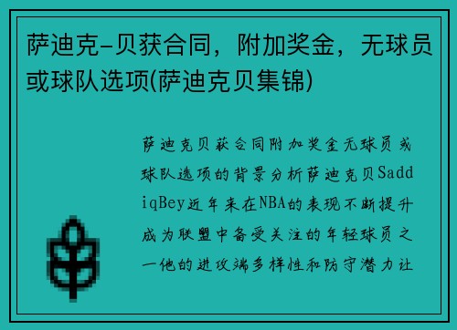 萨迪克-贝获合同，附加奖金，无球员或球队选项(萨迪克贝集锦)